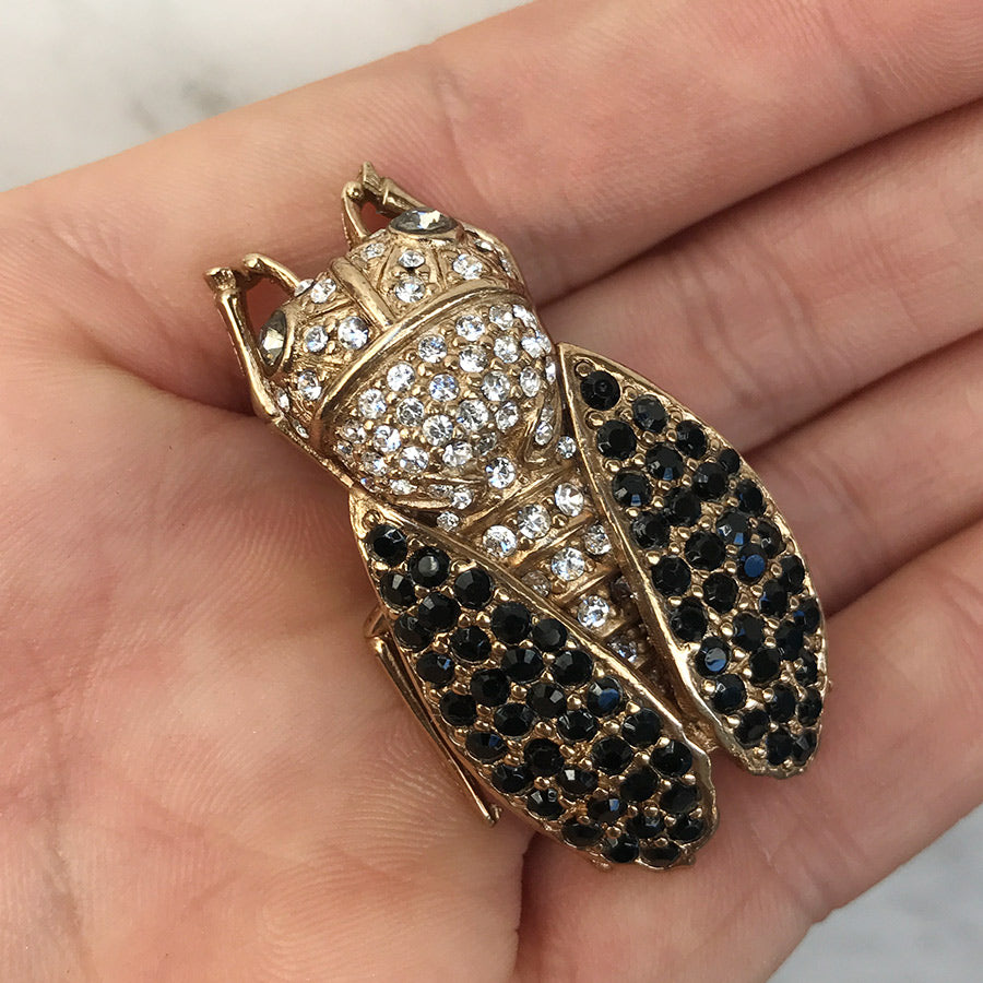 Ciner NY Cicada Gold - Crystal Brooch Pin with Jet Black Eyes - Harlequin Market