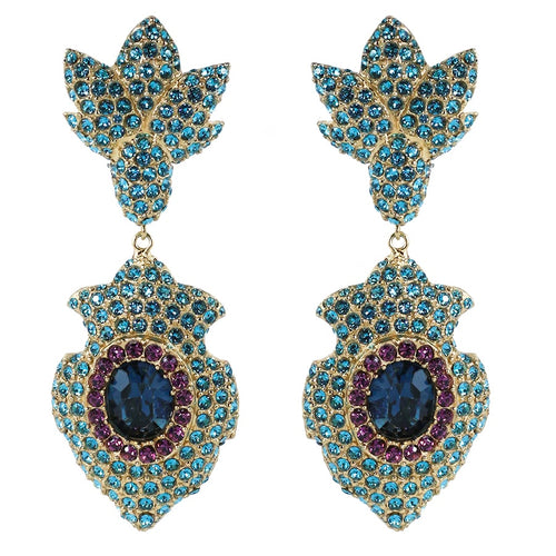 Ciner NYC Pavéd Crystal Statement Earrings - Aquamarine, Violet, Montana Blue