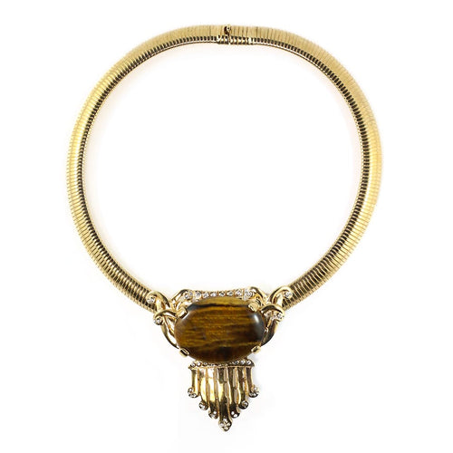 Ciner NYC 18K Gold Plated Tigers Eye Cabochon & Crystal Statement Necklace
