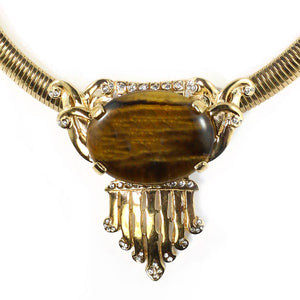 Ciner NYC 18K Gold Plated Tigers Eye Cabochon & Crystal Statement Necklace