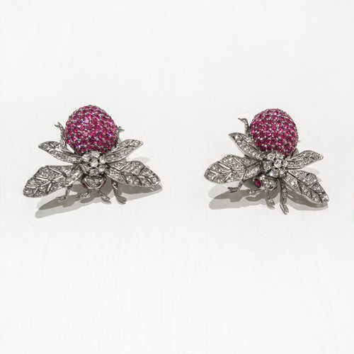 Ciner NY Chrome 100th Anniversary Bee Earrings with Fuschia Eyes & Body (Clip-on) - Harlequin Market