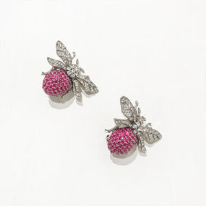 Ciner NY Chrome 100th Anniversary Bee Earrings with Fuschia Eyes & Body (Clip-on) - Harlequin Market