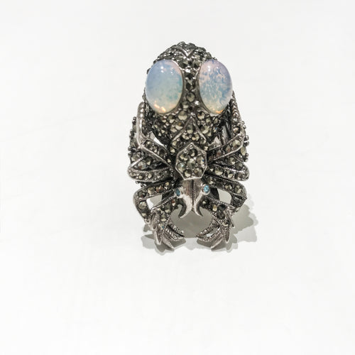 Ciner NY Rhodium & White Opal Rhinestone Scarab Ring