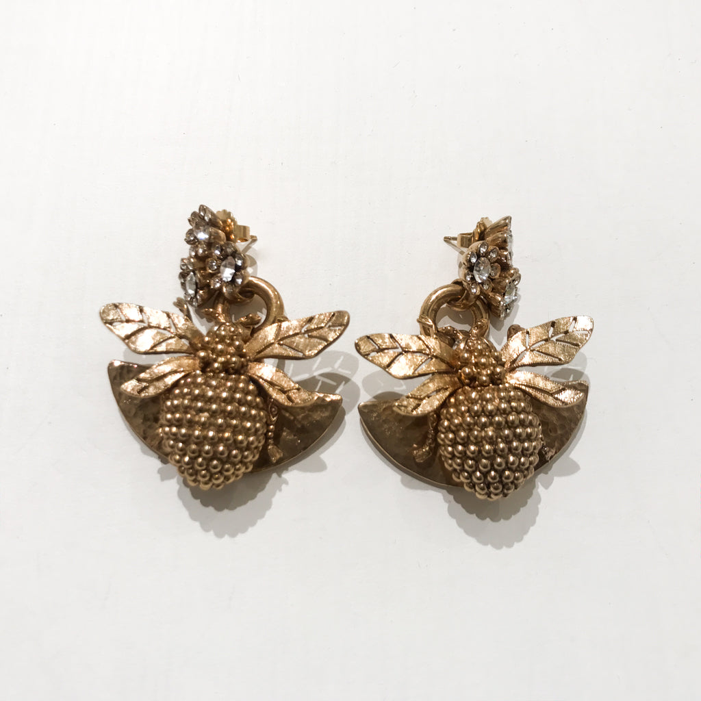 Ciner NY Gold Plated Drop Bee Earrings with Clear Crystal Eyes (Pierced)