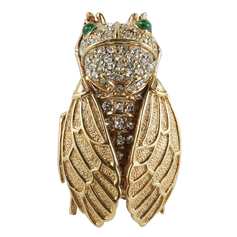 Ciner NY Cicada Gold - Crystal Brooch Pin with Emerald Eyes - Harlequin Market