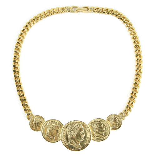 Goldette Vintage Napoleon Emperor Coin Gold Tone Chain Necklace c. 1960