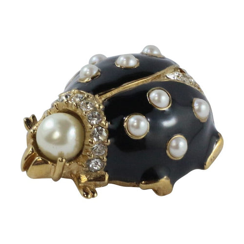 Ciner NY Small Black Enamel & Faux Pearl Lady Beetle Brooch