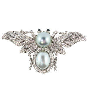 Ciner NY Rhodium Faux Pearl & Clear Crystal Bug Brooch