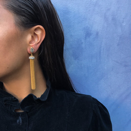 Ciner NY Gold Plated & Black Diamond Crystal Tassel Earrings (Clip-on) - Harlequin Market