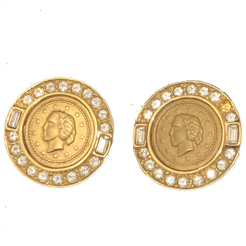 Vintage Coin Gold Plated & Crystal Earrings (Pierced)