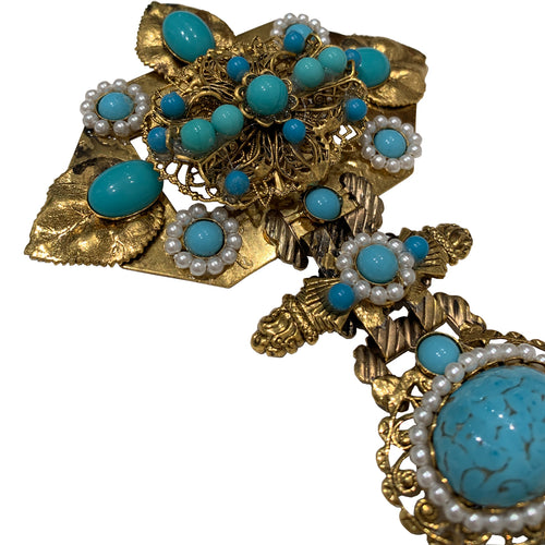 Signed 'Vrba' Military Style Faux Turquoise & Faux Pearl Brooch