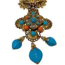 Load image into Gallery viewer, Signed &#39;Vrba&#39; Military Style Faux Turquoise &amp; Faux Coral Brooch