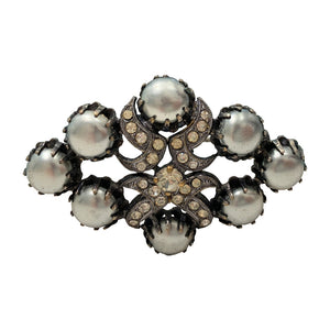 Unsigned Vintage Metallic Silver Cabochon & Clear Crystal Brooch