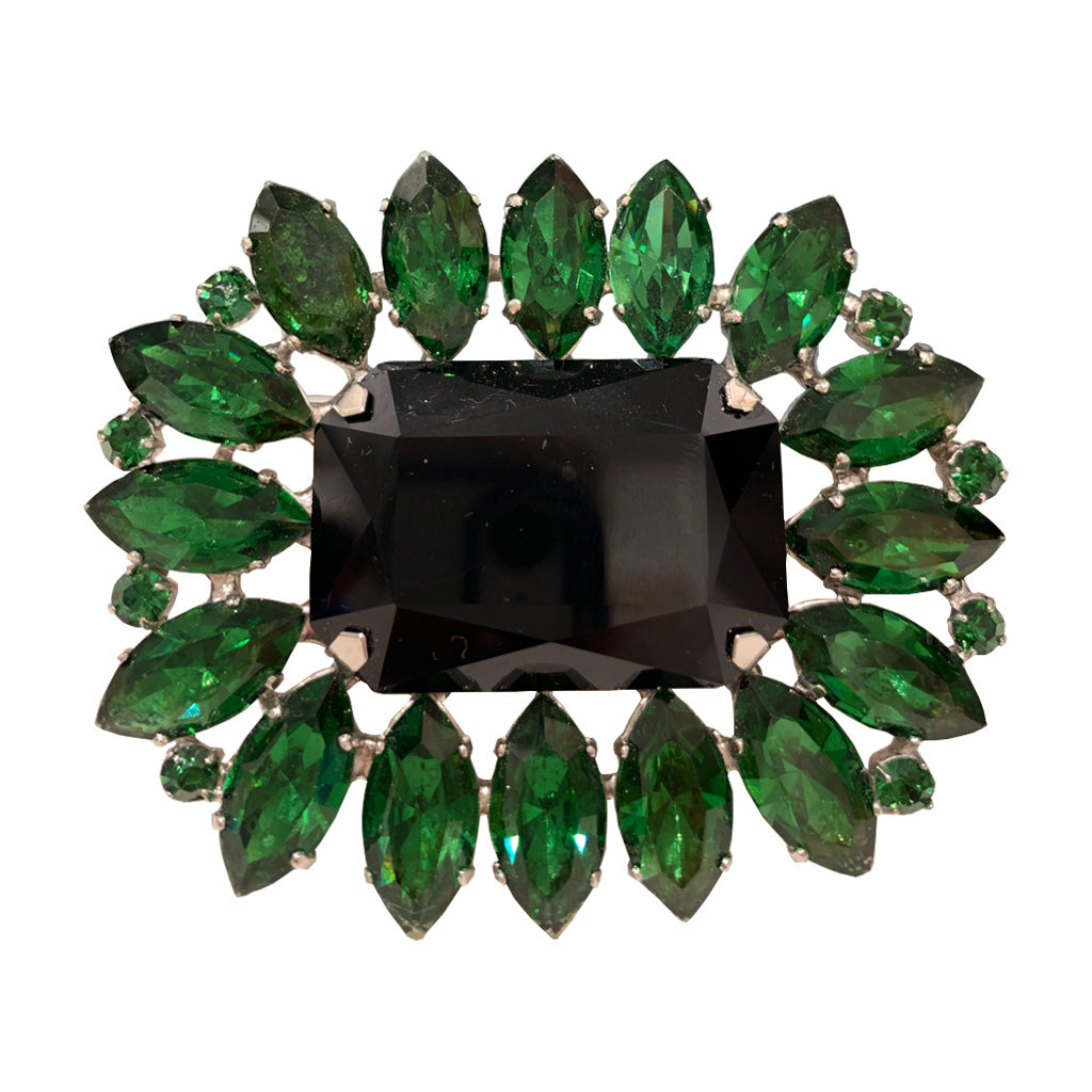 HQM Austrian Crystal Large Rectangle Spiked Brooch - Emerald Green & Black