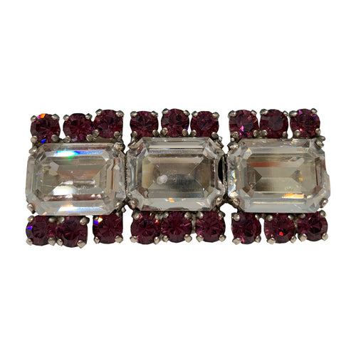 HQM Austrian Crystal Three Stone Rectangle Bar Brooch - Clear & Amethyst