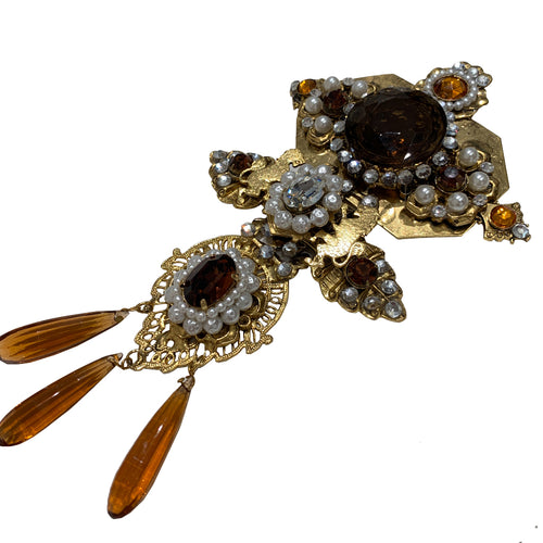Signed 'Vrba' Military Style Bronze & Faux Pearl Brooch
