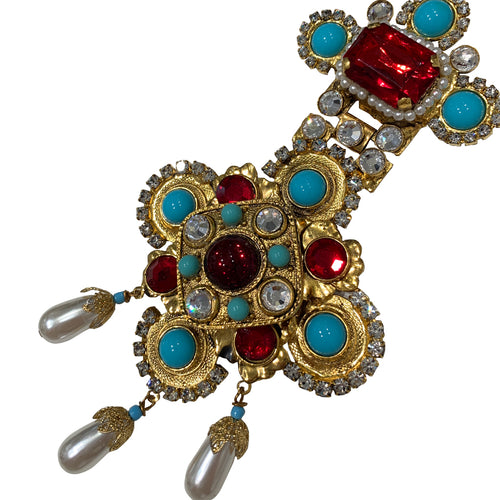 Signed 'Vrba' Military Style Faux Turquoise, Faux Pearl, Red Ruby & Clear Crystal Brooch