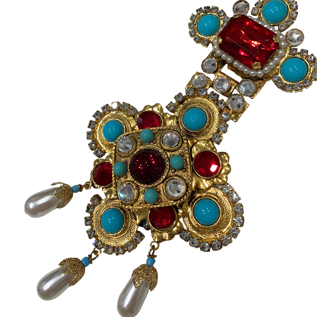 Signed 'Vrba' Military Style Faux Turquoise, Faux Pearl, Red Ruby & Clear Crystal Brooch