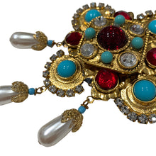 Load image into Gallery viewer, Signed &#39;Vrba&#39; Military Style Faux Turquoise, Faux Pearl, Red Ruby &amp; Clear Crystal Brooch