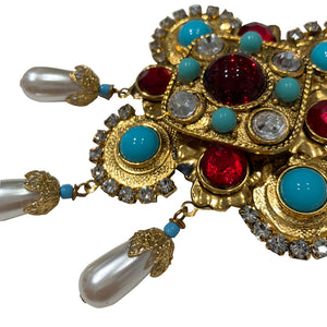 Signed 'Vrba' Military Style Faux Turquoise, Faux Pearl, Red Ruby & Clear Crystal Brooch