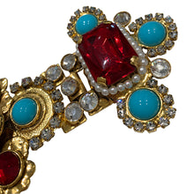 Load image into Gallery viewer, Signed &#39;Vrba&#39; Military Style Faux Turquoise, Faux Pearl, Red Ruby &amp; Clear Crystal Brooch