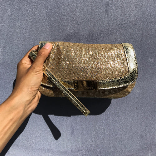 Jimmy Choo Gold Glitter Leather Pouch Purse with Handle
