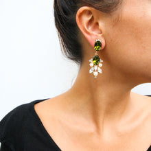 Load image into Gallery viewer, HQM Drop Faux Pearl, Clear &amp; Olivine Crystal Earrings (Clip-On)