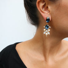 Load image into Gallery viewer, HQM Drop Faux Pearl, Clear &amp; Metallic Blue Crystal Earrings (Pierced)