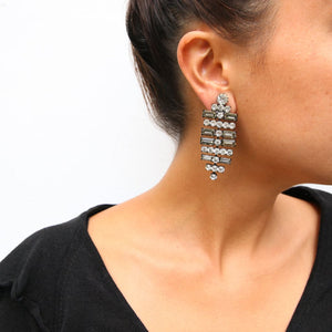 HQM Austrian Clear & Black Crystal SilverTone T-Bar Drop Earrings (Clip-On)