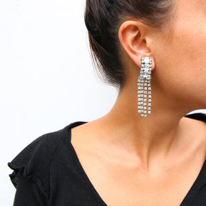 HQM Austrian Clear Crystal Rhinestone Cuff & Tassel Earrings (Clip-On)