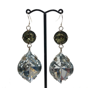 Harlequin Market Austrian Crystal Double Drop Earrings - Smokey Quartz & Clear (Pierced)