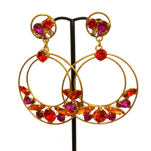 HQM Austrian Crystal Hoop Drop Earrings - Red & Orange (Pierced)