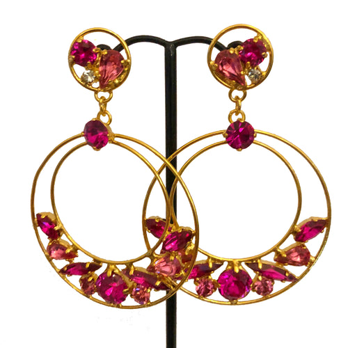 HQM Austrian Crystal Hoop Drop Earrings - Fuchsia Pink (Pierced)