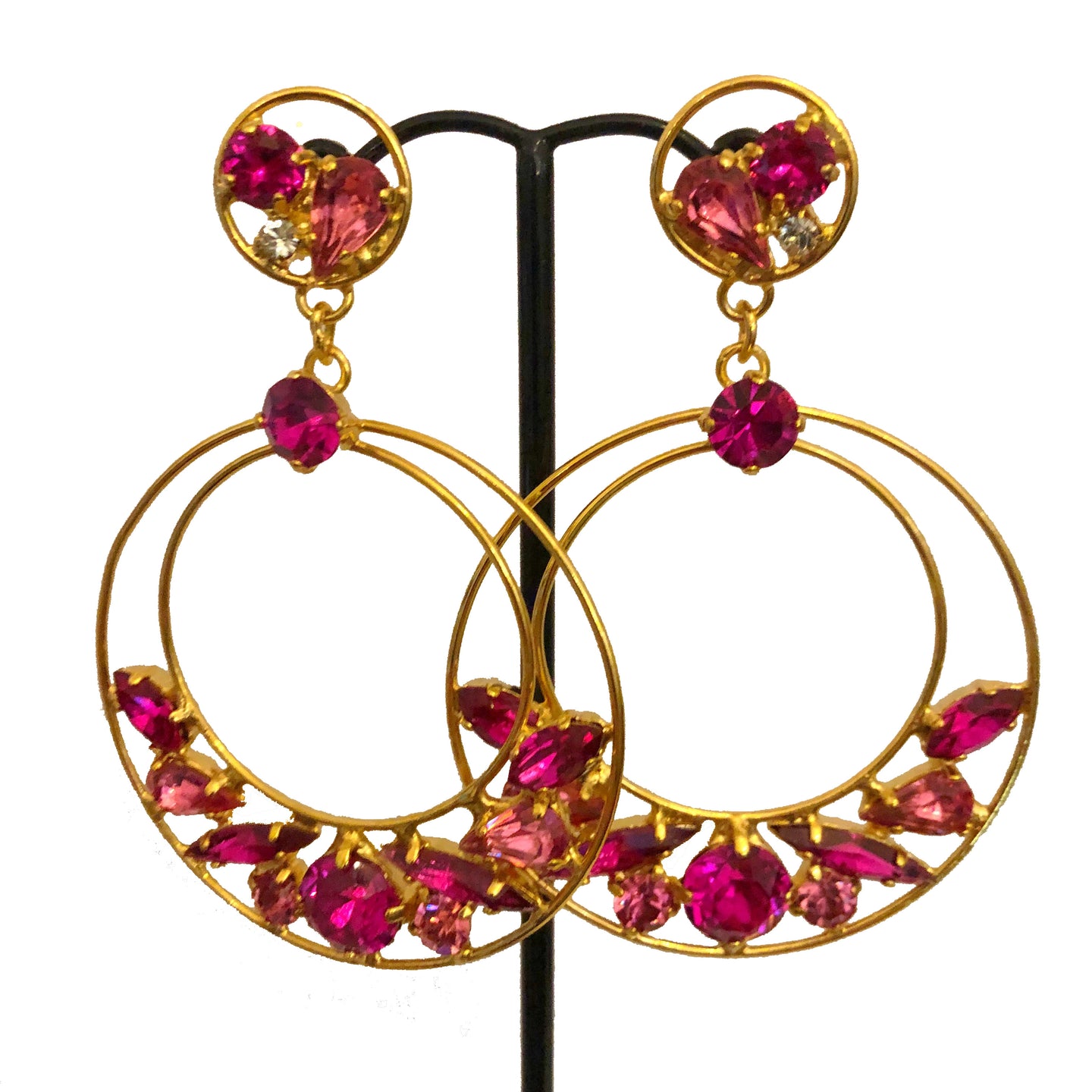 HQM Austrian Crystal Hoop Drop Earrings - Fuchsia Pink (Pierced)