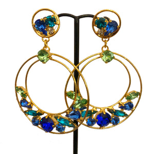 HQM Austrian Crystal Hoop Drop Earrings - Royal Blue & Green (Pierced)