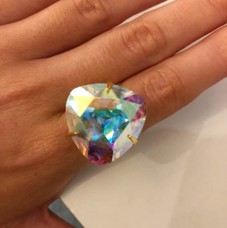 Harlequin Market Champagne Shimmer Crystal Adjustable Ring - Triangular
