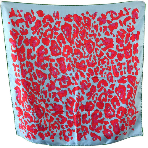 Christian Dior Paris Silk Scarf 67cm - Blue with Red & Fuchsia Pink Design, Green Trim - Harlequin Market