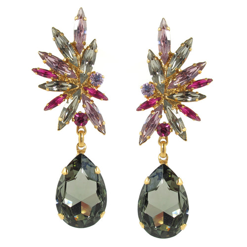 Harlequin Market Statement Austrian Crystal Earrings - Black Diamond and Light Rose