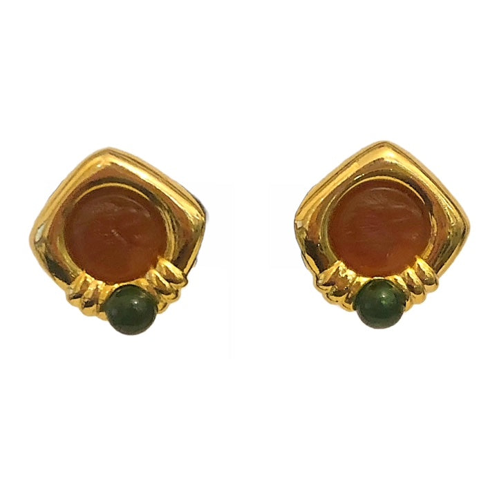 Orange Lion Head With Green & Gold Vintage Earrings - (Clip On)