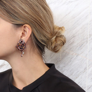 Christian Lacroix Signed Vintage Intricate Enamel Rhinestones Earrings c. 1980 - (Clip On Earrings) - Harlequin Market