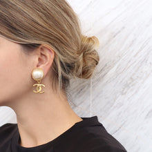 Load image into Gallery viewer, Chanel Vintage Signed Faux Pearl Gold Tone Logo Drop Earrings - 1993 P - Harlequin Market