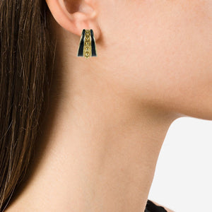 Vintage Monet - Signed Small Half Hoop Stud Earrings - Black Enamel & Gold Plating c. 1960 (Pierced)
