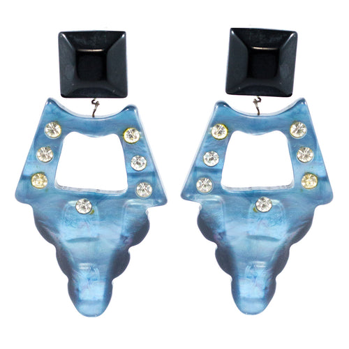 Vintage Unsigned Pearlised Blue Acrylic Clear Crystal Statement Party Earrings c. 1980