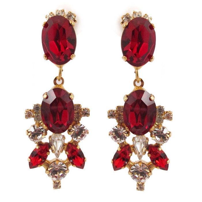 Harlequin Market | HQM Austrian Crystal Ruby Drop Earrings- (Clip-On Earrings)