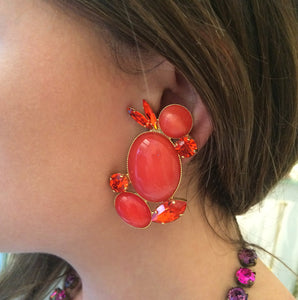 HQM Austrian Crystal Earrings - Coral and Hyacinth ( Clip-On Earrings)