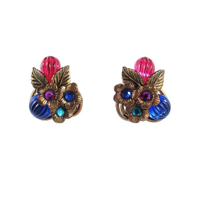 French Vintage Colourful Flower Motif Earrings c. 1950's -(Clip-On Earrings)