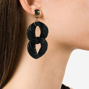 Vintage Black Textured Acrylic Double Drop Earrings c. 1990 (Clip-on)