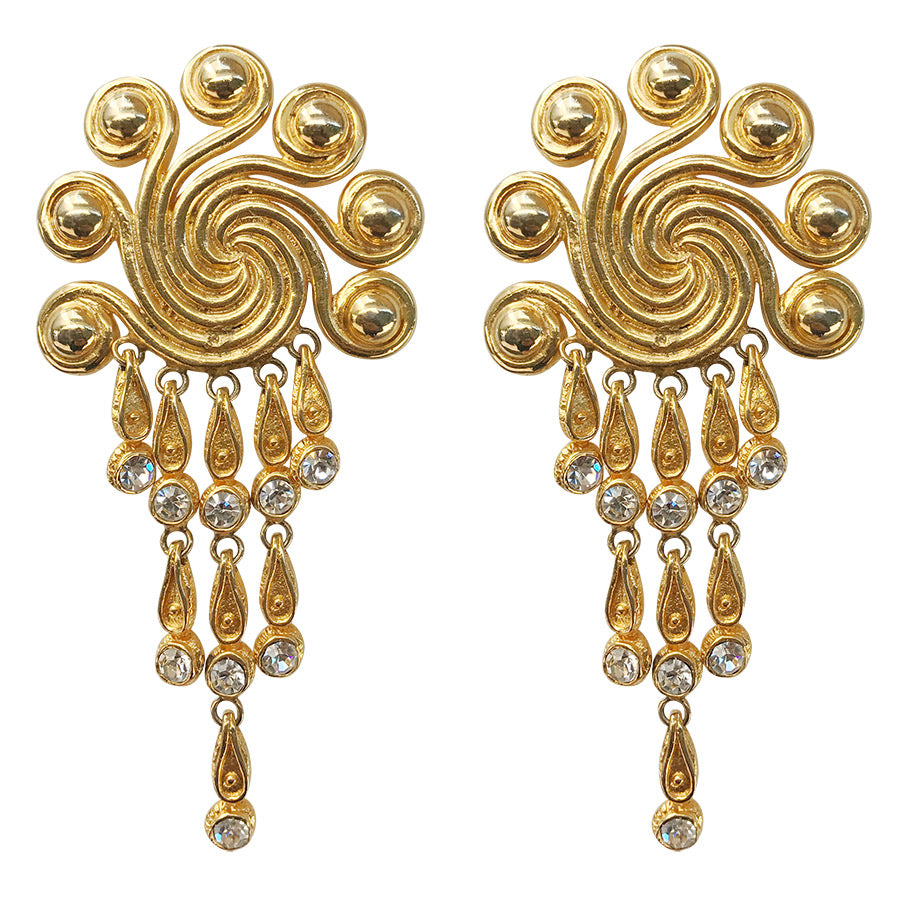 Vintage Etruscan Style Statement Gold Tone Swirl Earrings c. 1980 (Clip-on)