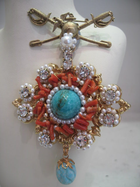 Vrba Coral and Faux Turquoise Brooch