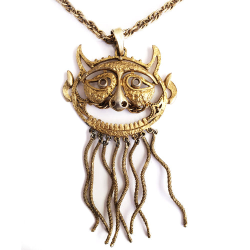 Rare Vintage signed 'Pauline Rader' exotic figural face pendant necklace c. 1970